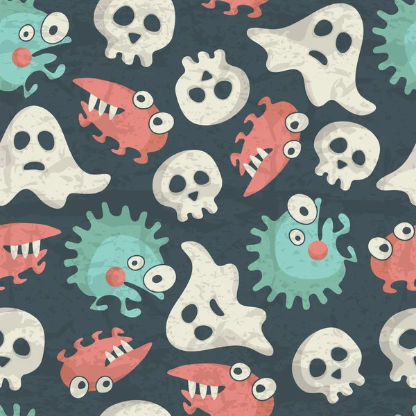 Nahtloses Muster zu Halloween mit gruseligen Monstern, Geistern und Totenköpfen — Stockvektor