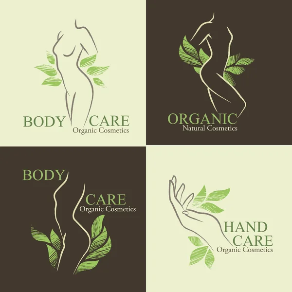 Set of 4 Organic Cosmetics Design elements with contoured women — Stockvector