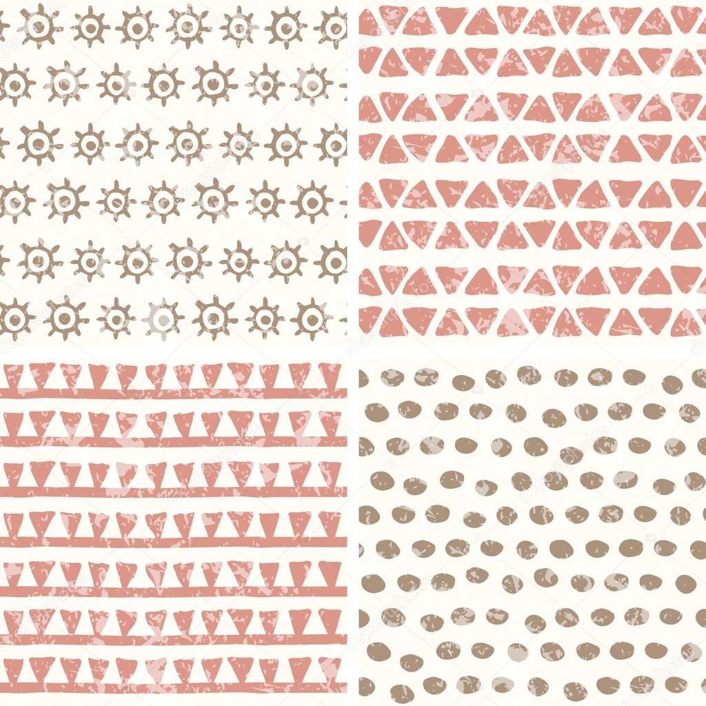 Hand drawn geometric seamless patterns in primitive style