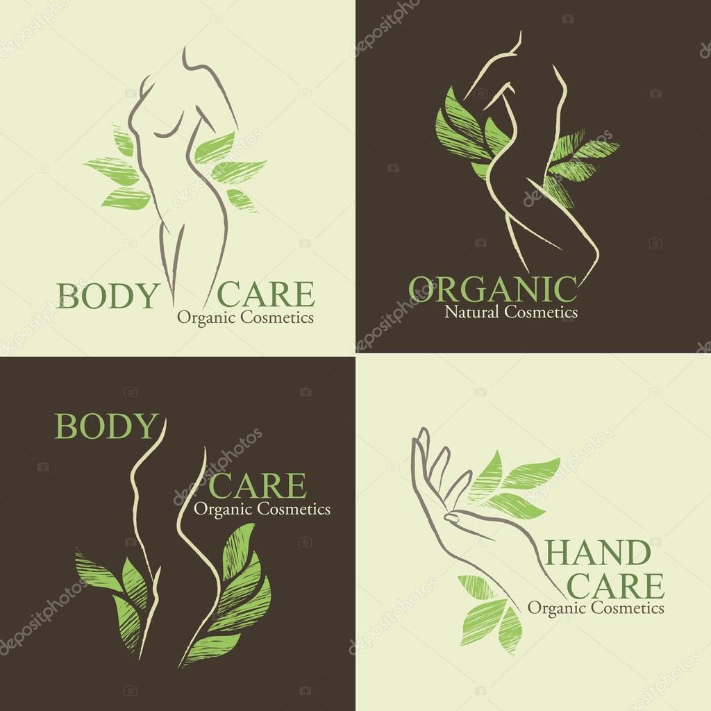 Set of four natural (organic) cosmetics emblems. Handdrawn design elements with contoured woman shapes decorated by green leaves