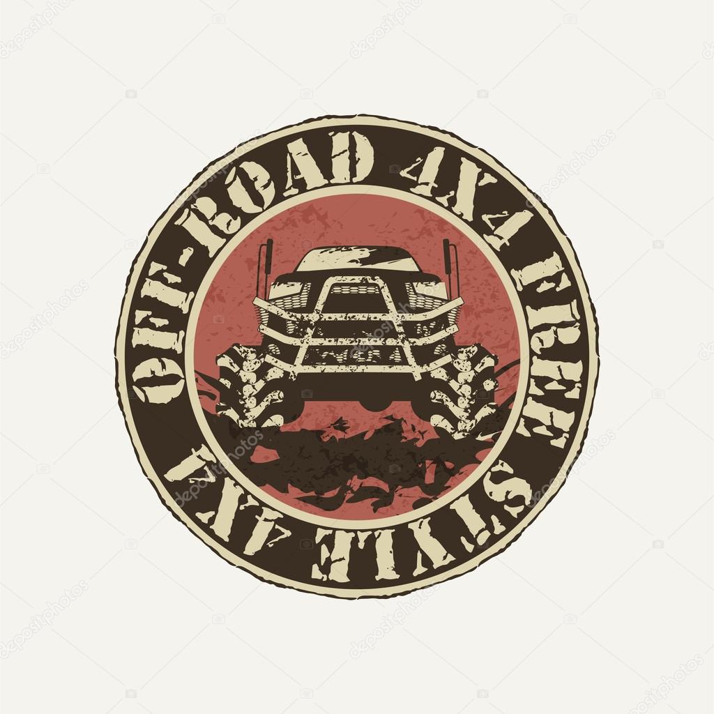 Offroad vehicle with very big wheels. Round badge in a grunge style (with splashes of mud).