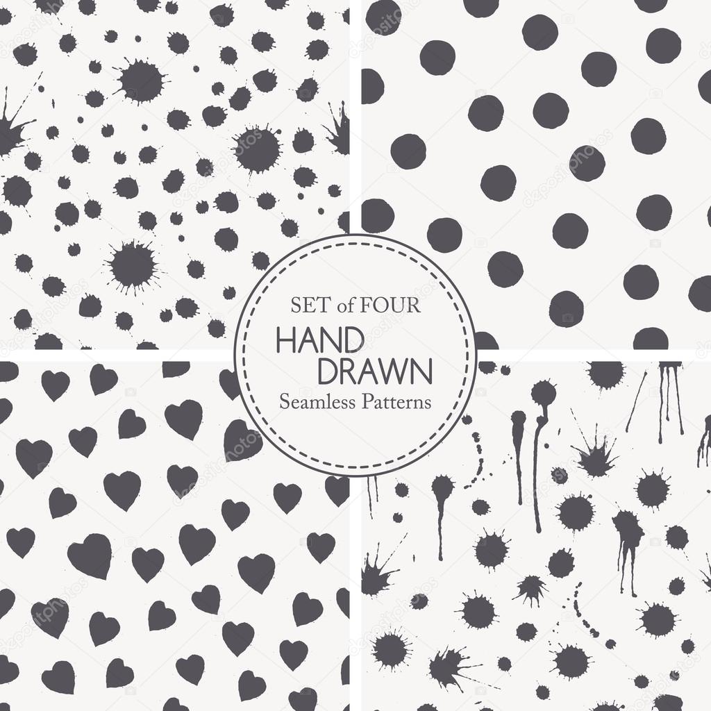 Set of hand drawn seamless patterns with ink splashes