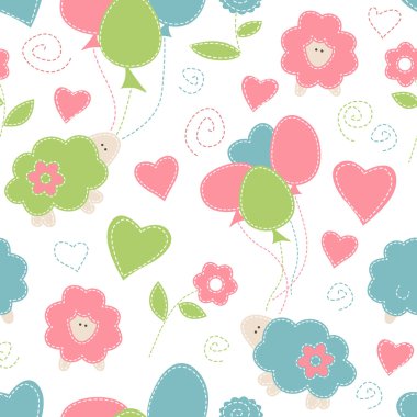 Cute cartoon seamless pattern with little birds, balloons and umbre