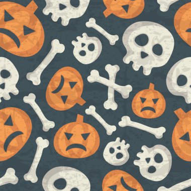 Halloween seamless pattern with spooky pumpkins, bones and skulls