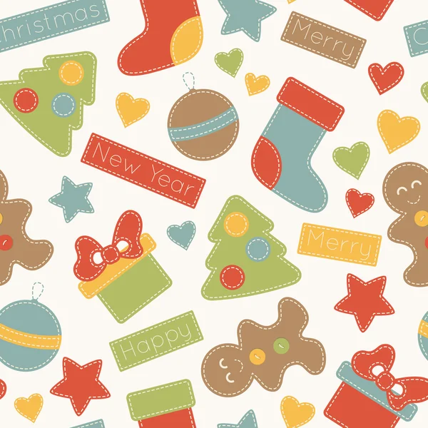 Childish Christmas seamless pattern with Christmas trees, present boxes, , balloons and umbre — Wektor stockowy