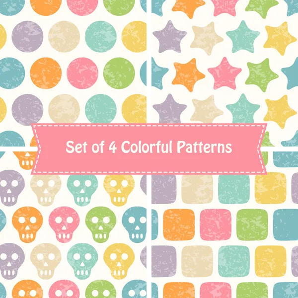 Set of abstract seamless patterns with bright colorful stars, squares, dots and skulls — Stockový vektor