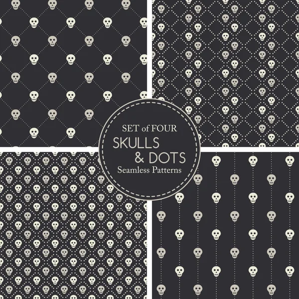 Vector seamless pattern with small skulls and dots on a black background — Stock Vector