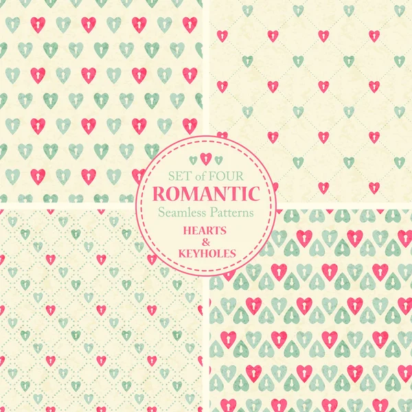 Vector seamless patterns with small hearts and keyholes — Stock Vector