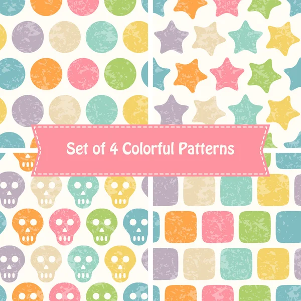 Set of abstract seamless patterns with bright colorful stars, squares, dots and skulls — Stockvector