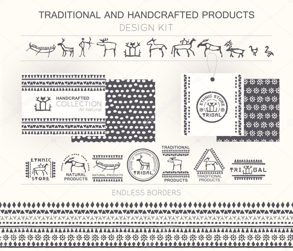 Traditional and handcrafted products design kit with tribal badges, logo templates and endless borders. Monochrome. Hand drawn ethnic style (European cave painting)