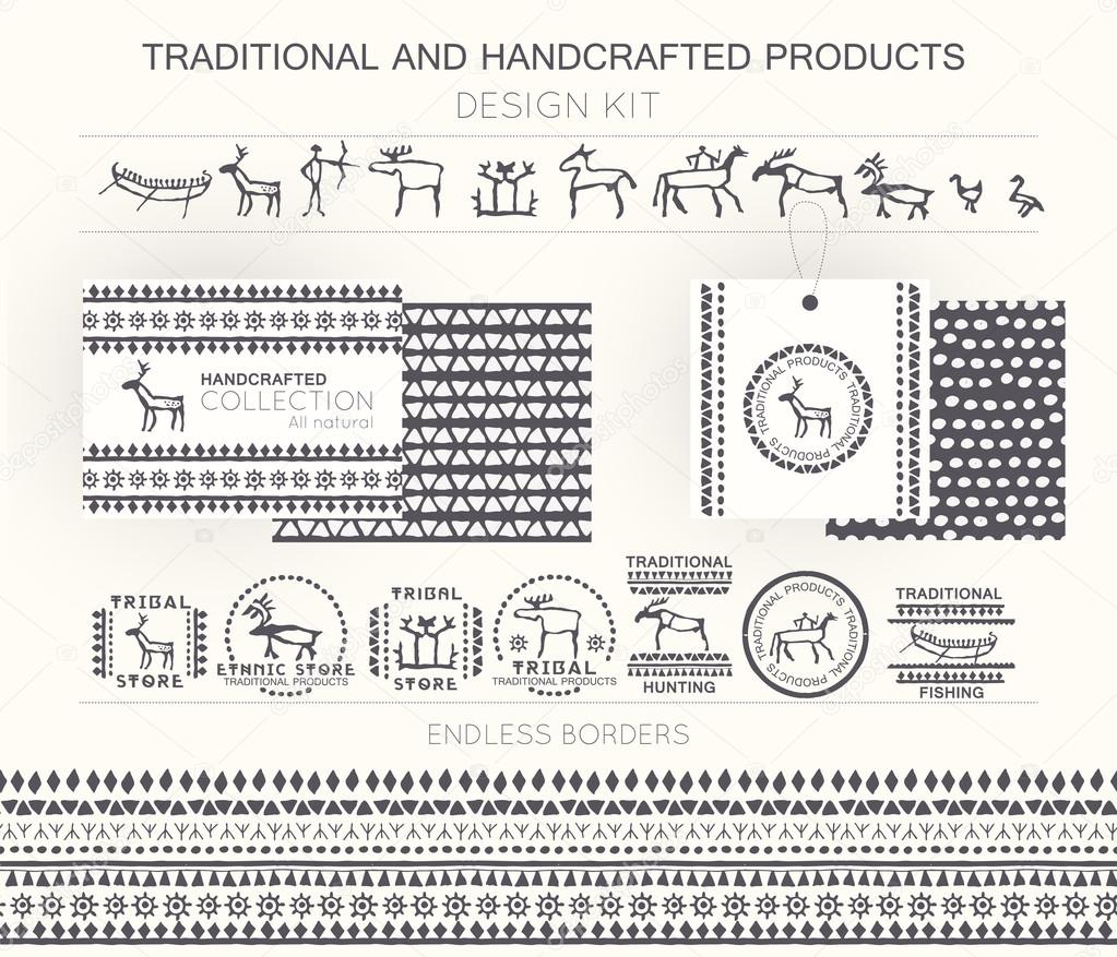 Traditional and handcrafted products design kit with tribal badges, logo templates and endless borders. Monochrome. Hand drawn ethnic style (European cave painting)
