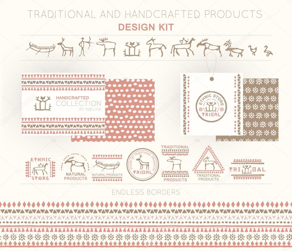 Traditional and handcrafted products design kit with tribal badges, logo templates and endless borders. Soft colors (pink, brown). Hand drawn ethnic style (European cave painting)