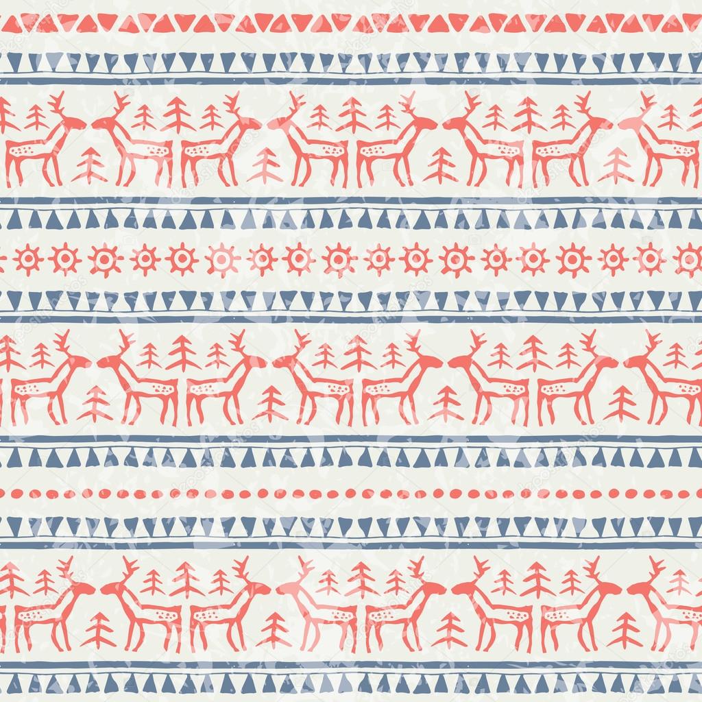 Hand drawn tribal seamless pattern with reindeers and geometric ornament