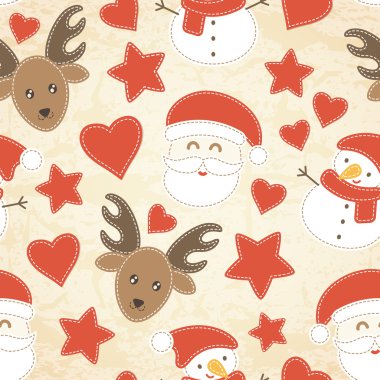 Childish Christmas seamless pattern with Santa Claus, Christmas trees, baubles and stockings clipart
