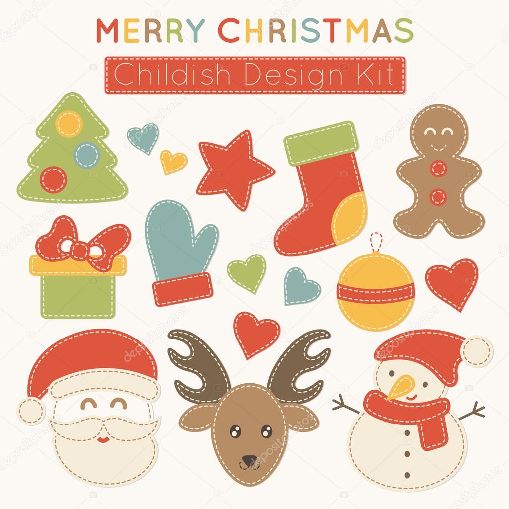 Insieme di vettore dell albero di Natale di Natale disegno elementi calze guanti pupazzo di neve renne Babbo Natale ecc per bambini per bambini usura