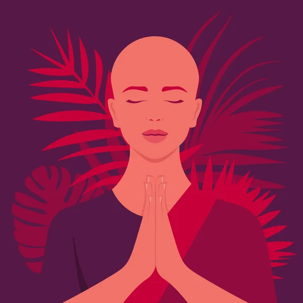 一个女和尚举手致意或祈祷 佛教和克里希纳教 东方宗教 矢量平面插图 — 图库矢量图片