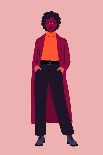 Potret Seorang Wanita Afrika Panjang Penuh Mengenakan Mantel Ilustrasi Rata - Stok Vektor
