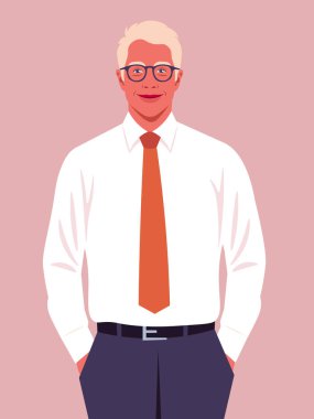 Sarışın bir adam ellerini pantolonunun cebinde tutuyor. Mutlu bir iş adamı. Genç bir politikacı gülümsüyor. Vektör düz resimleme