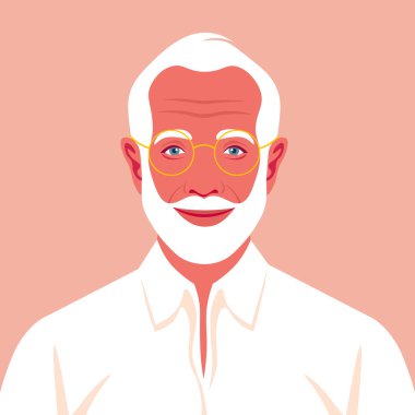 Sakallı ve gözlüklü yaşlı bir adamın portresi. Mutlu bir büyükbabanın Avatar 'ı. Yaşlı bir işadamı. Sosyal ağlar. Vektör düz resimleme