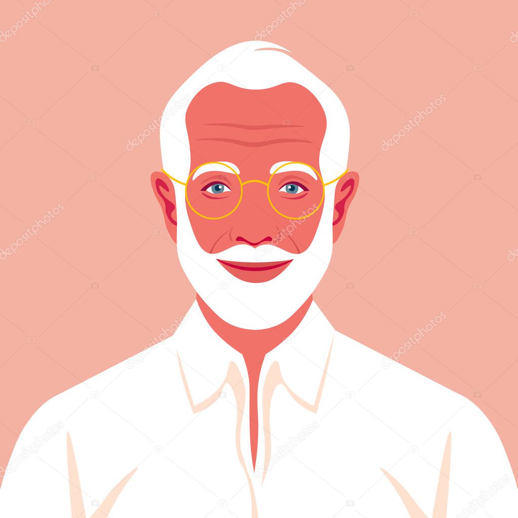 Portrait of an old man with beard and eyeglasses. Avatar of a happy grandfather. An Elderly businessman. Social networks. Vector flat illustration