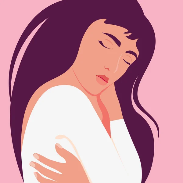 Asian Woman Hugs Herself Self Help Relaxation Psychological Physical Health — Stock Vector