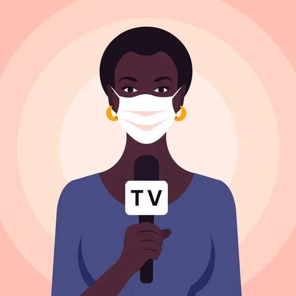 Mujer Africana Hablando Micrófono Reportera Máscara Médica Reportaje Televisivo Ilustración — Vector de stock