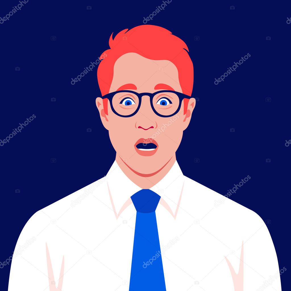 A redhead businessman feels stress. Fear, horror. A frightened man's face. Vector flat illustration