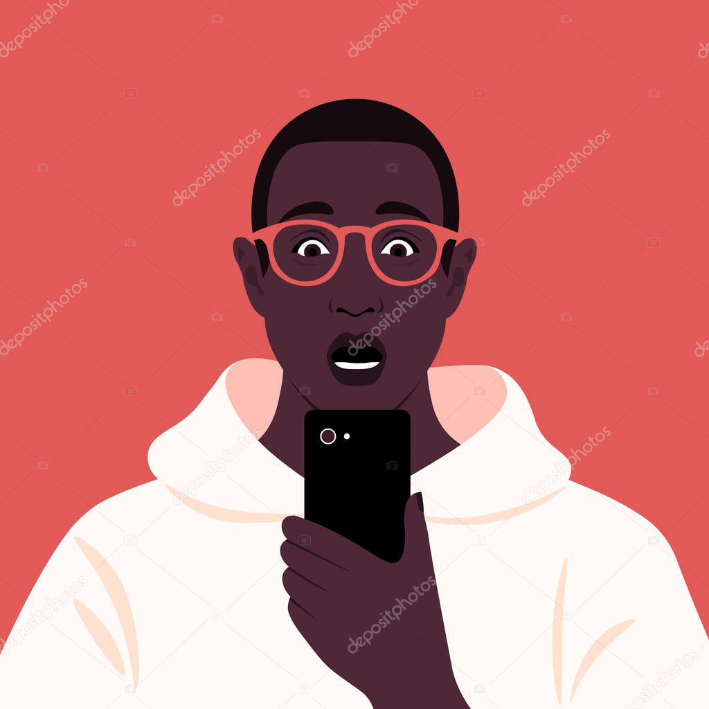Shocked African man looks into his smartphone. Portrait of a guy who opened his mouth in surprise. Vector flat illustration