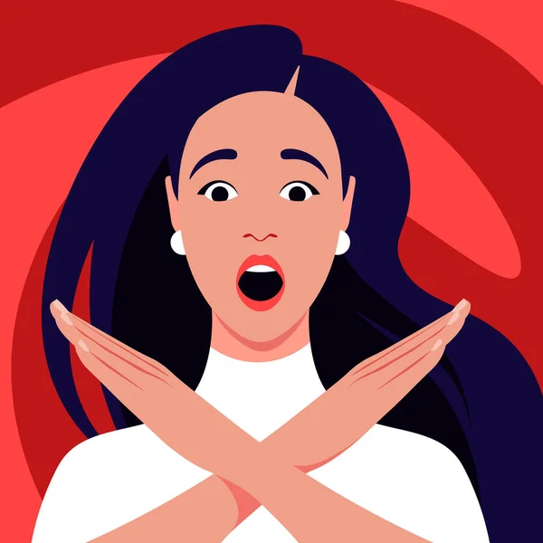 Une Jeune Femme Ressent Stress Peur Horreur Geste Refus Interdiction — Image vectorielle
