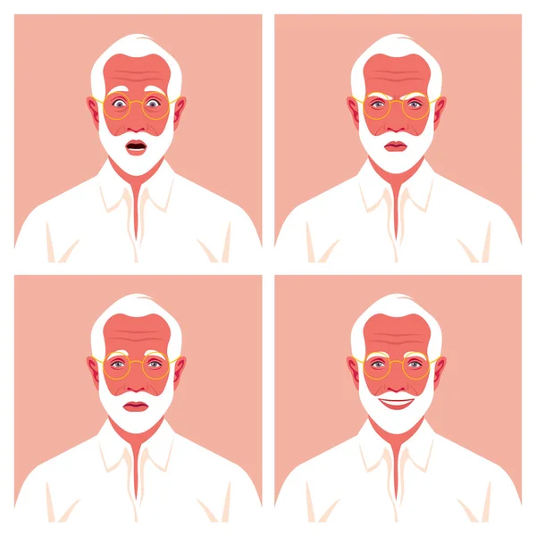 Ett Par Ansikten Äldre Affärsman Farfars Avatarer Med Olika Ansiktsuttryck — Stock vektor