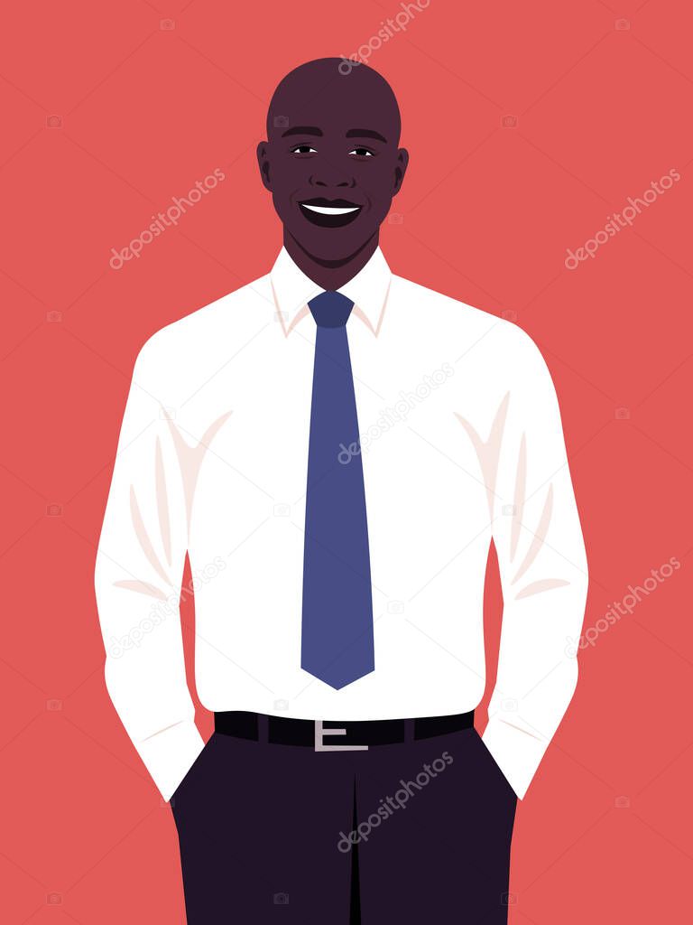 Portrait of a happy African man wearing in an office white shirt and necktie. Vector flat illustration.