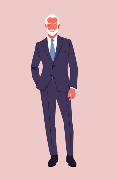 Elderly Confident Man Wearing Business Suit Stands Full Height Stylish — Stock Vector