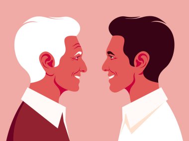 Büyükbaba ve torunun profili. Genç ve yaşlı bir adamın yüzleri. Yan görüş. Latinler. Vektör Düz Çizim