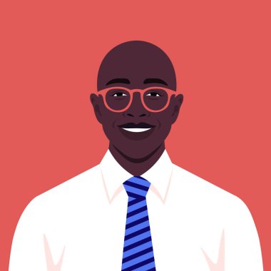 Afrikalı bir adamın yüzü. Mutlu bir iş adamının avatarı. Genç bir politikacı gülümsüyor. Vektör düz resimleme