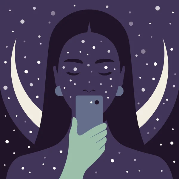 星空を背景にスマホを覗き込む若い女性のポートレート スマートフォン上の精神中毒 占星術と占い ベクトル平図 — ストックベクタ