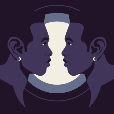 Profilde iki Afrikalı adamın portreleri var. Karanlık bir arka planda ikiz kardeşlerin yüzleri. İnsan kafasının yan görüntüsü. Vektör düz resimleme