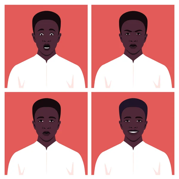 Bir Grup Genç Adam Afrikalı Erkeklerin Görünürleri Farklı Duygular Mutluluk — Stok Vektör