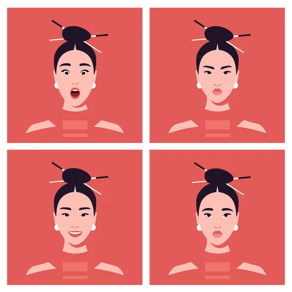 Набор Эмоций Лица Азиатки Аватары Разные Настроения Счастье Гнев Печаль — стоковый вектор
