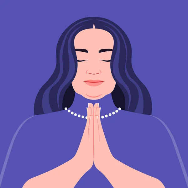 Zakřivená Žena Modlí Bohu Tvář Zavřenýma Očima Meditace Vektorové Ploché — Stockový vektor