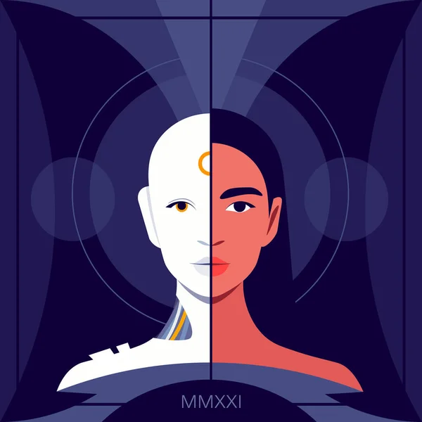 机器人的头和一个年轻女人的脸人工智能和人类 未来的技术 矢量平面插图 — 图库矢量图片