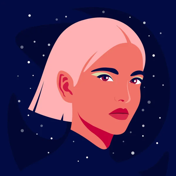 星空の下でピンクの髪をした若い女性の肖像画 現代の魔女だ ベクトル平図 — ストックベクタ