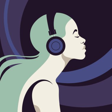 Genç bir kadının profili kulaklıkla müzik dinliyor. Müzik terapisi. Müzisyen avatarı. Yan görüş. Vektör düz resimleme