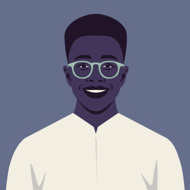 Mutlu bir Afrikalı adamın portresi. Bir avatar. Moda işadamı. Düz biçimli vektör illüstrasyonu.