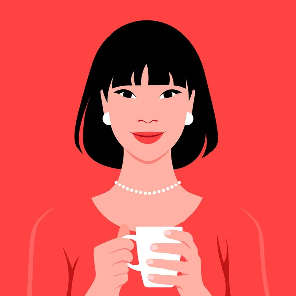 Asian Woman Holding Cup Tea Coffee Her Hands Pleasure Hot — Stock Vector