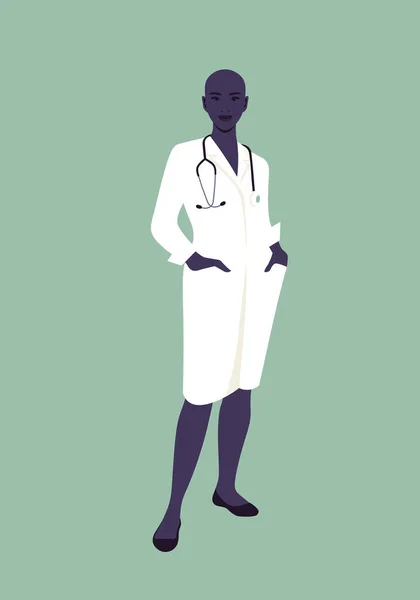 一个穿着医疗制服的非洲女医生专业人员的全长肖像在医院或诊所工作 平面风格的概念向量说明 — 图库矢量图片