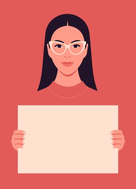 Latin Amerikalı bir kadın elinde mesaj olmayan bir poster tutuyor. Beyaz bir arkaplanda protesto yapan bir öğrencinin portresi. Feminizm ve kadın hakları. Düz bir şekilde vektör illüstrasyonu