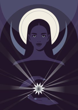 Portrait of a mysterious woman with eyes glowing in the dark. A young witch. Halloween. Vector flat illustration