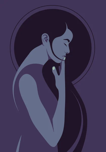 Profile Thoughtful Woman Dark Background Loneliness Depression Vector Flat Illustration — Stock vektor