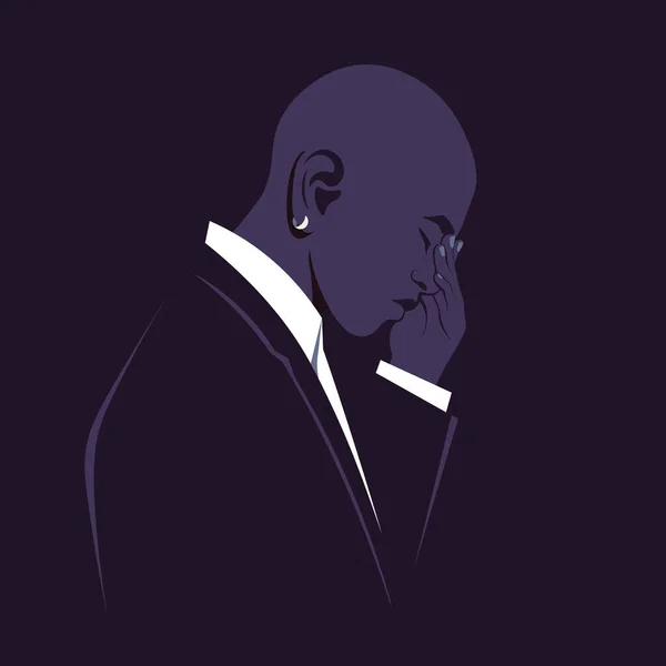 Profile Sad African Man Dark Background Depression Crisis Guy Desperate — 图库矢量图片