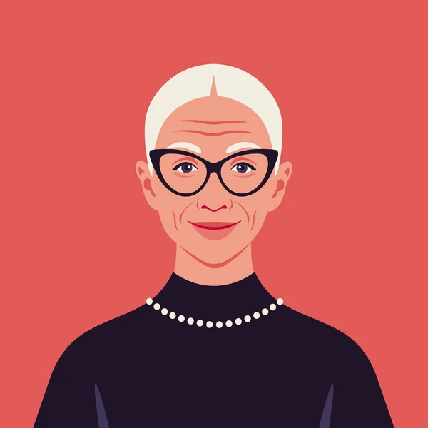 眼鏡をかけた高齢女性の肖像画 笑顔の祖母のアバター ファッションモデルだ 多様性 ベクトル平図 — ストックベクタ